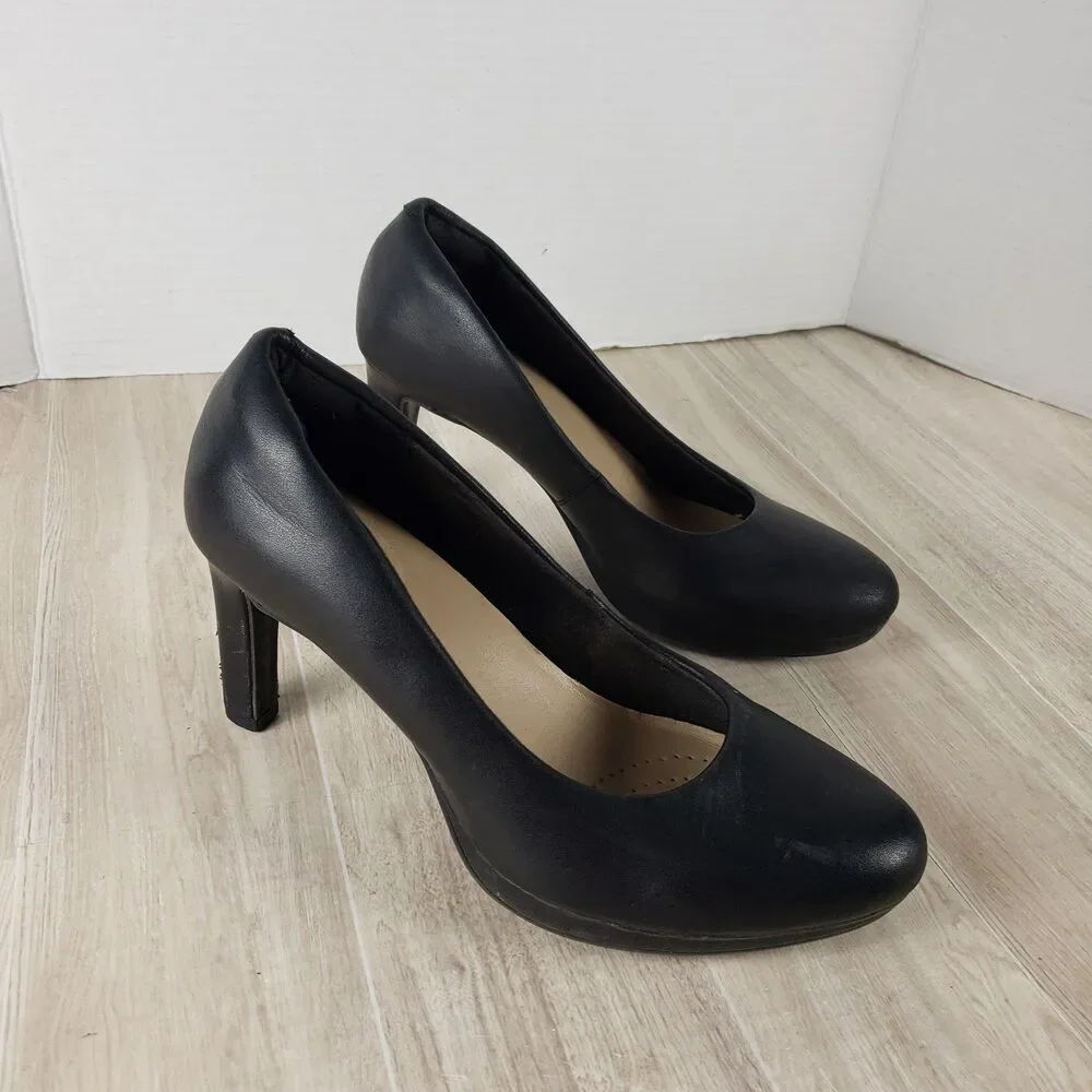 CLARKS AMBYR JOY BLACK LEATHER SLIP ONS DRESS SHOES HEELS PUMPS WOMENS SZ 7.5